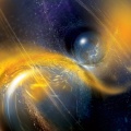 Vue d'artiste de la fusion de deux étoiles à neutrons