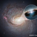 Image composite X/visible de la galaxie NGC 1068 avec une vue d’artiste de la partie centrale masquée
